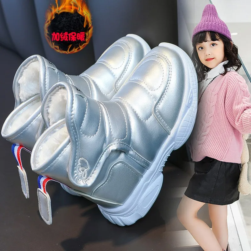 

Ботинки на липучке для мальчиков и девочек, Нескользящие, из хлопка, модные теплые, однотонные, водонепроницаемые, серебристые, на зиму