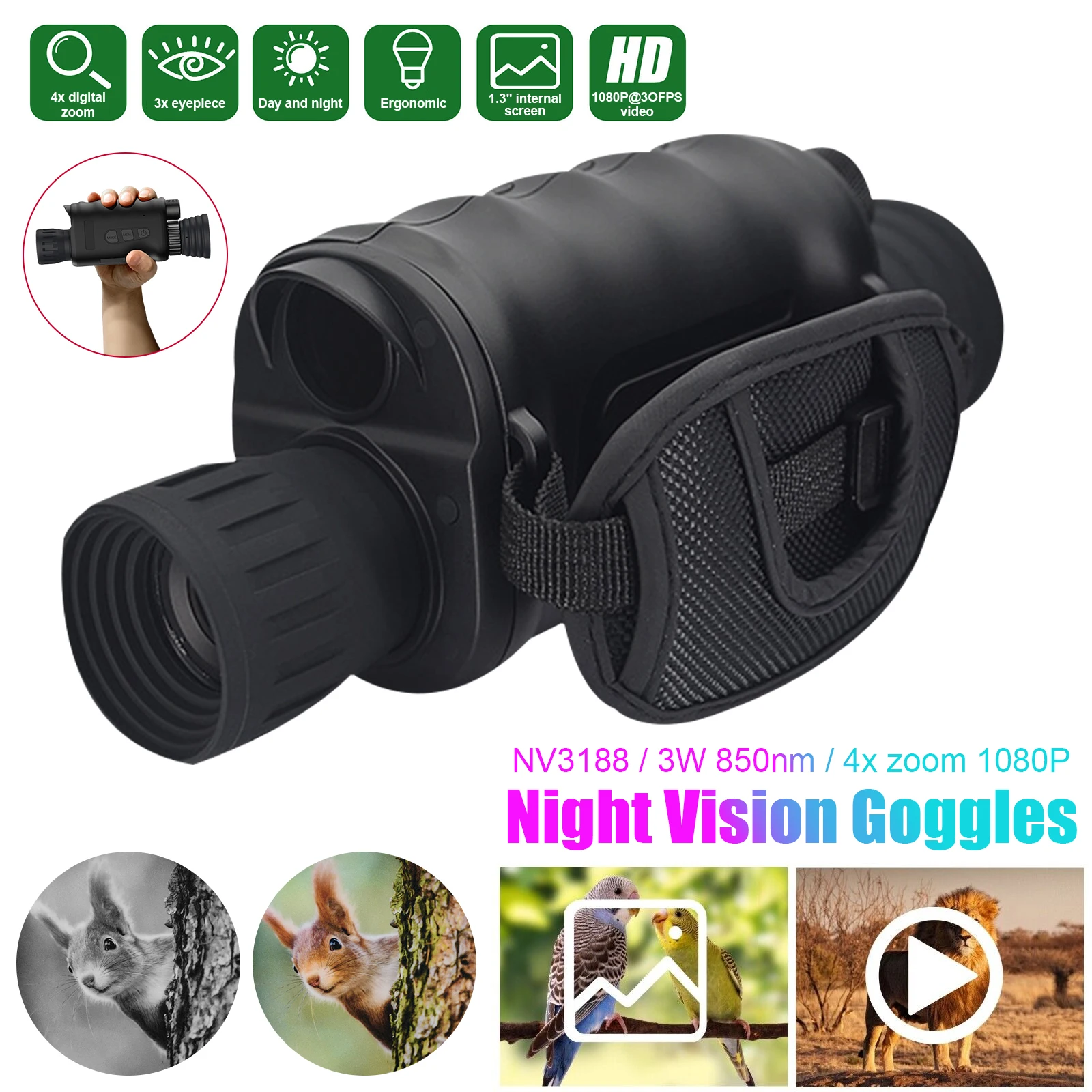 

1080P Digital Monocular Night Vision Goggles 4x Digital Zoom Video Photo Recorder for Outdoor Bird Watching Wildlife Observation
