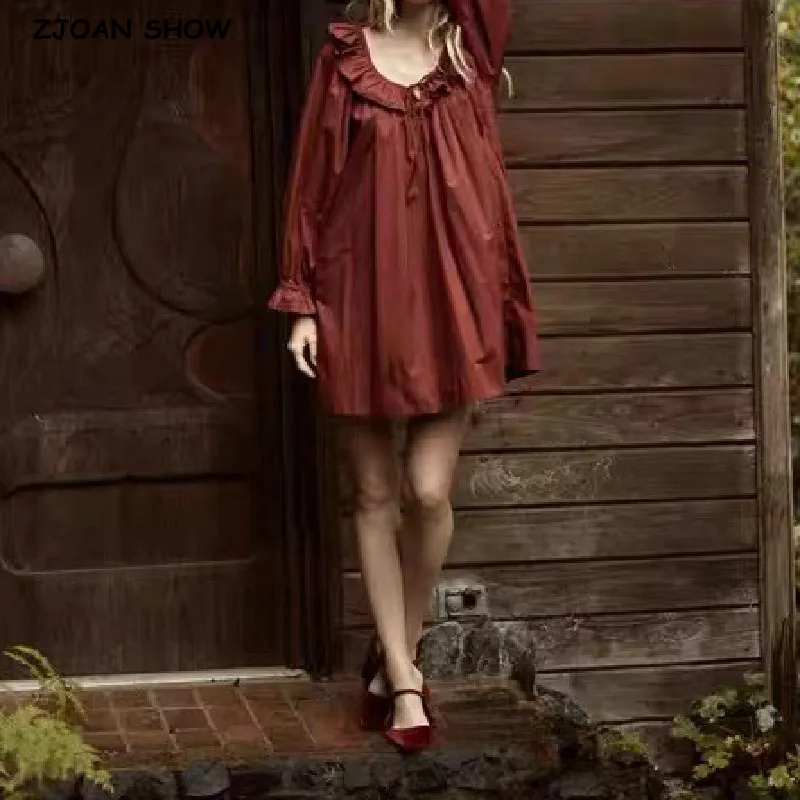 

Женское платье-мини в стиле бохо, свободное пляжное платье в стиле ретро с круглым вырезом и длинными рукавами-фонариками, с завязками и деревянными ушками, 2023