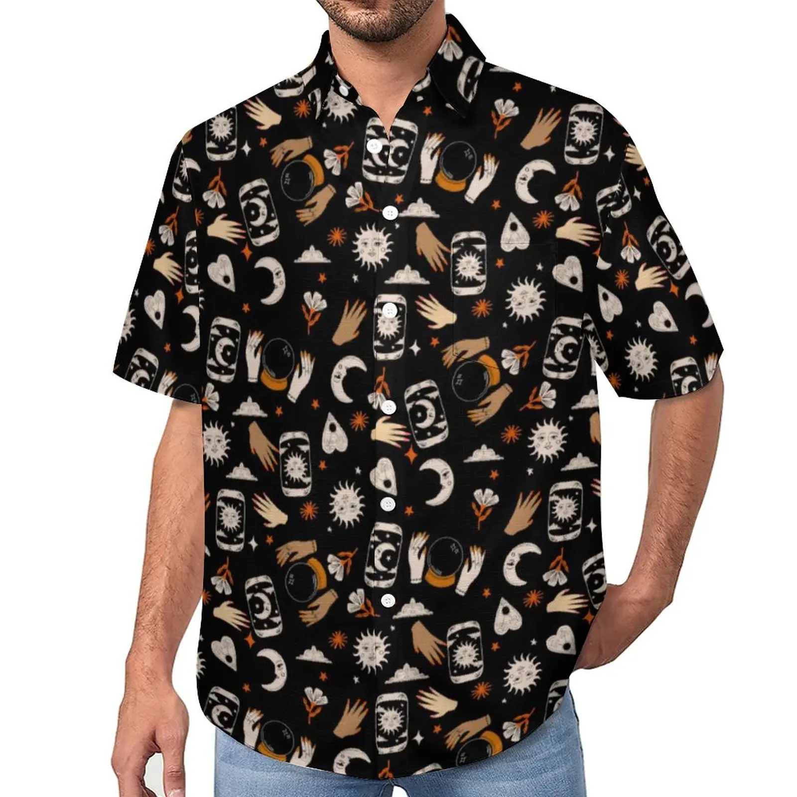 

Witch Halloween Casual Shirts Tarot Sun Moon Stars Print Beach Shirt Hawaiian Stylish Blouses Man Printed Large Size