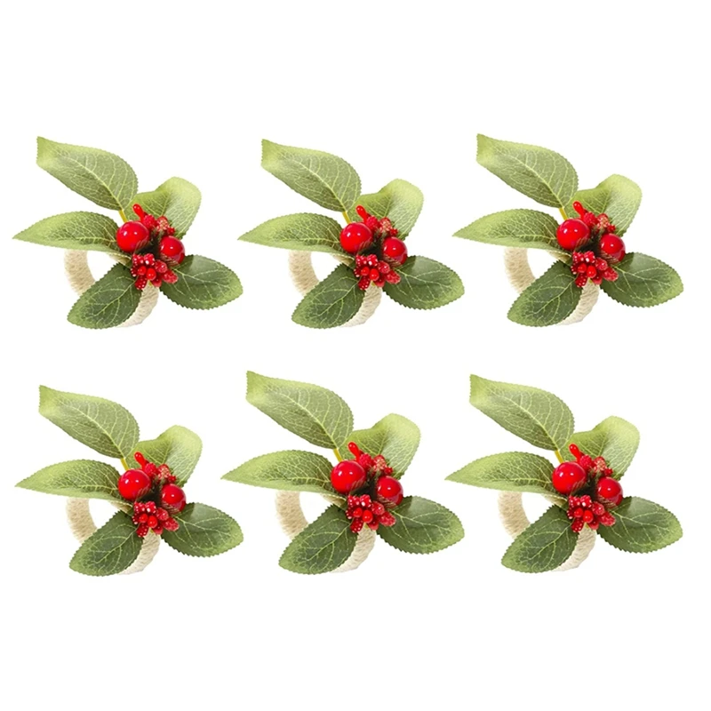 

6 Pcs Green Leaves Berry Napkin Ring Holder Napkin Buckle For Dining Table Decor,For Christmas,Holiday,Party,Wedding,Etc