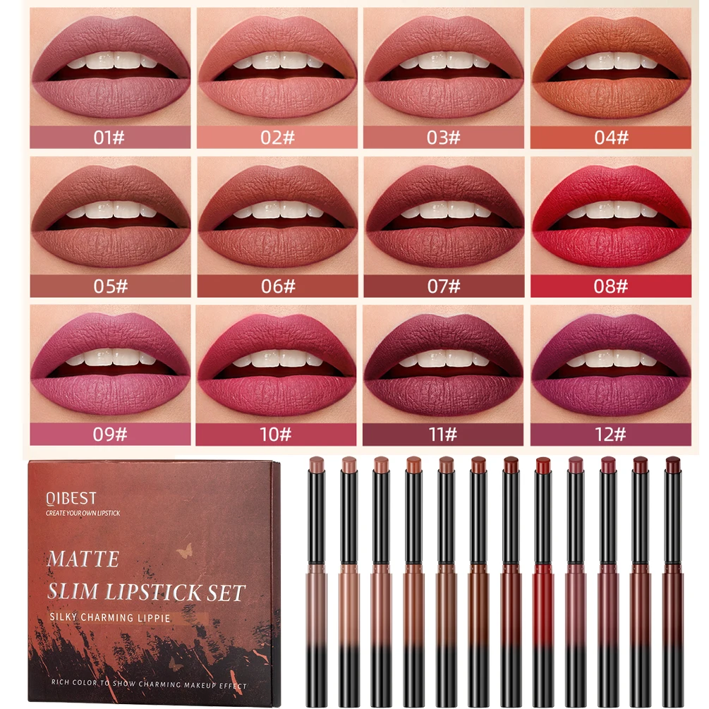 

QIBEST 12 Colors Matte Lipstick Pen Set Velvet Nude Lipstick Pencil Sexy Red Brown Pigments Lips Makeup Long Lasting Lip Tint