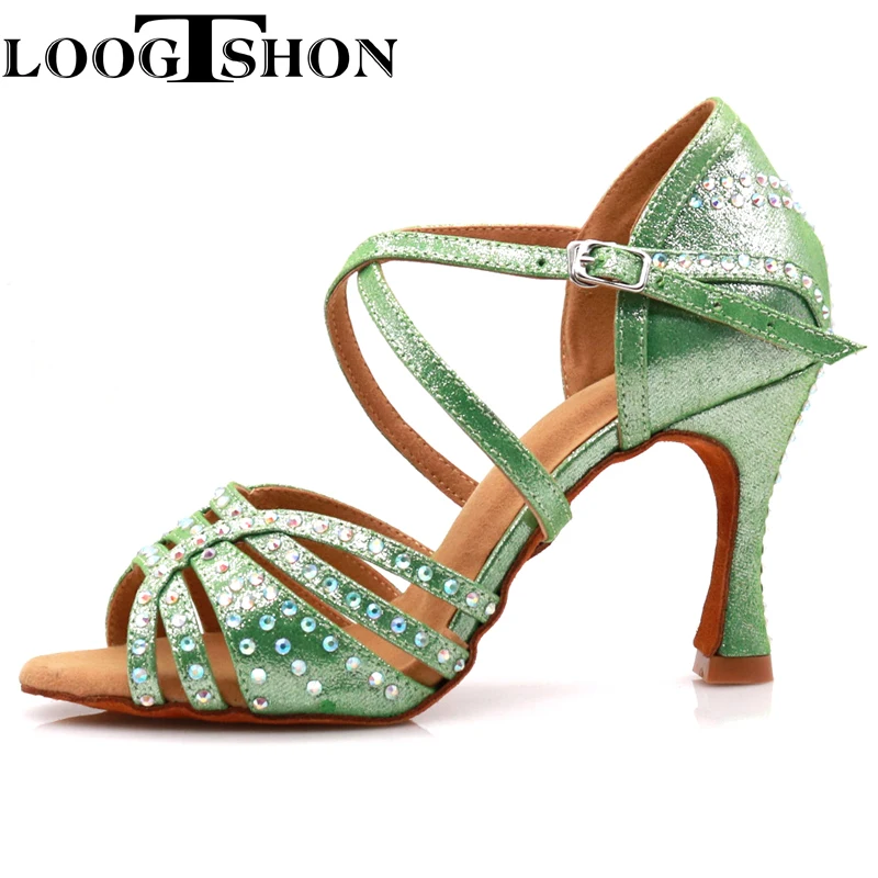 Loogtshon  Latin dance shoes women dancing shoes classic rhinestone shoes roman heel cone heel dance shoes professional heels