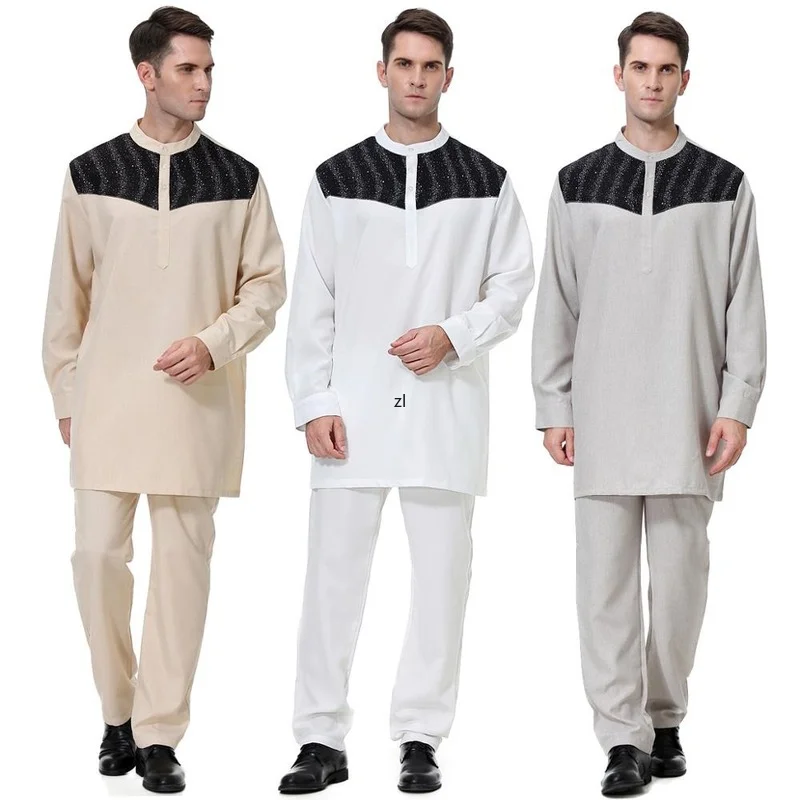 2 PCS Muslim Abaya Suit for Men Jubba Thobe Middle East Long Robes Kaftan Arab Dubai Adult Islamic Clothing
