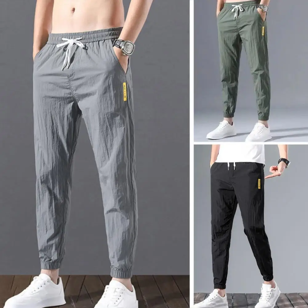 

Drawstring Pants Solid Color Mid-waisted Non-pilling Korean Style Men Ankle Tied Joggers Pants Men Sweatpants Daily Wear