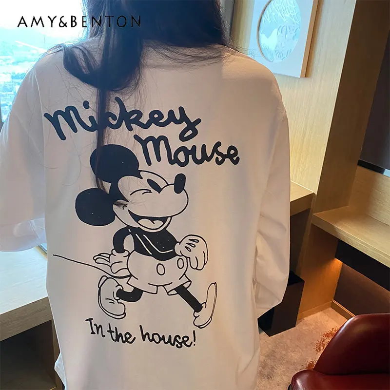 Cartoon Printed All-Matching Simple Loose Oversize Long-Sleeve T-shirt for Women Fashion New Style Pullover Sweatshirt Ladies