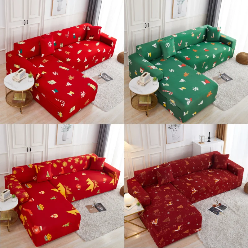 

Stretch Elastic Sofa Cover Christmas Xmas Decor L Shape Solid Spandex 1 2 3 4 Seaters Couch Cushion Slipcover For Living Room