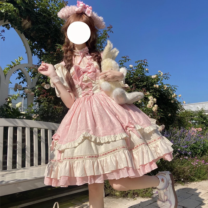 

Japanese Victorian Sweet Lolita OP Dress Kawaii Women Bow Ruffles Elegant Short Sleeve Dresses Girls Sweet Princess Party Dress