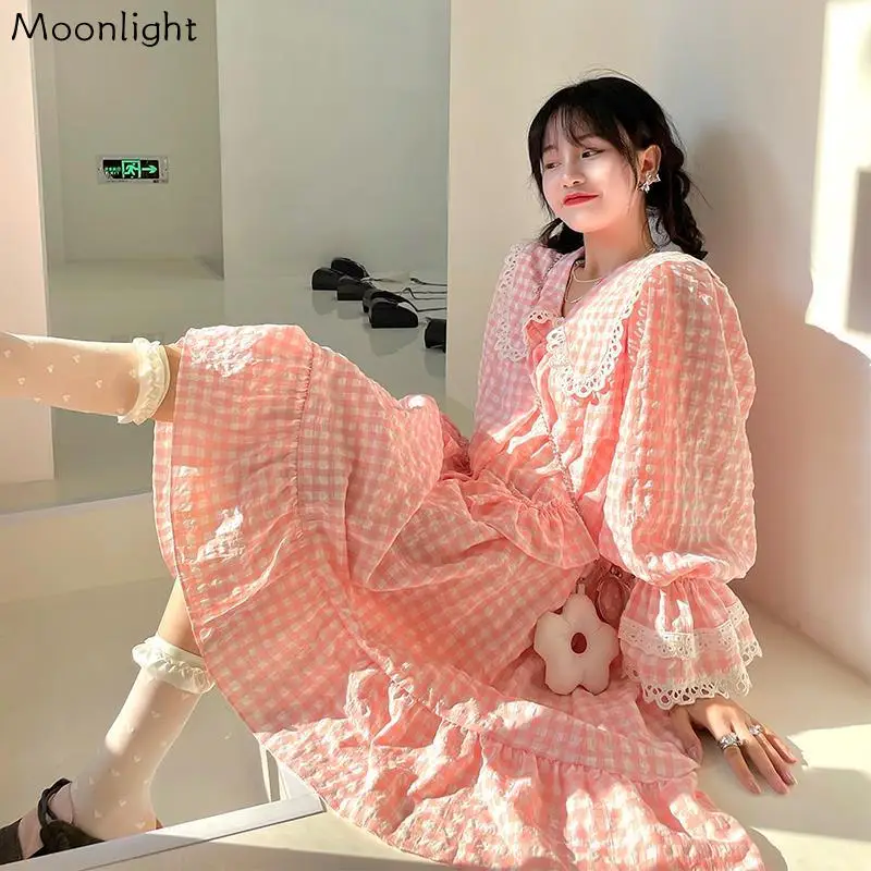 

Sweet Pink Plaid Dress For Women Autunn New Japanese Kawaii Lacce Patchwork Long Dress Peter Pan Collar Puff Sleeves Vestidos