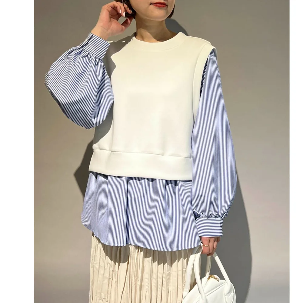

Fashion Korean Sweatshirt Striped Patchwork White Long Sleeve Peplum Tops For Women Fake Two Pieces Casual Hoodies Autumn Winter