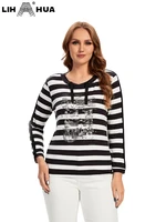 lih hua womens plus size t shirt spring polyester striped print t shirt with sequins and stretch crew neck casual top