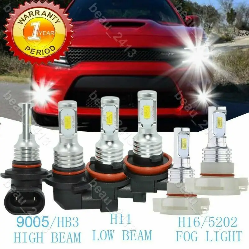 6x 35W 9005 H11 LED Headlight+5202 Fog Bulbs 6000K For Dodge Charger 2011-2014