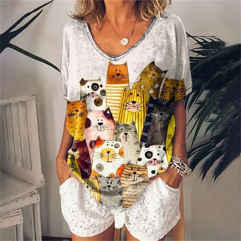 

Retro Women's Anime Cat Graphic Girl Clothes Summer V-neck Short Female Comfortable and Breathable Streetwear Oversized Blouse