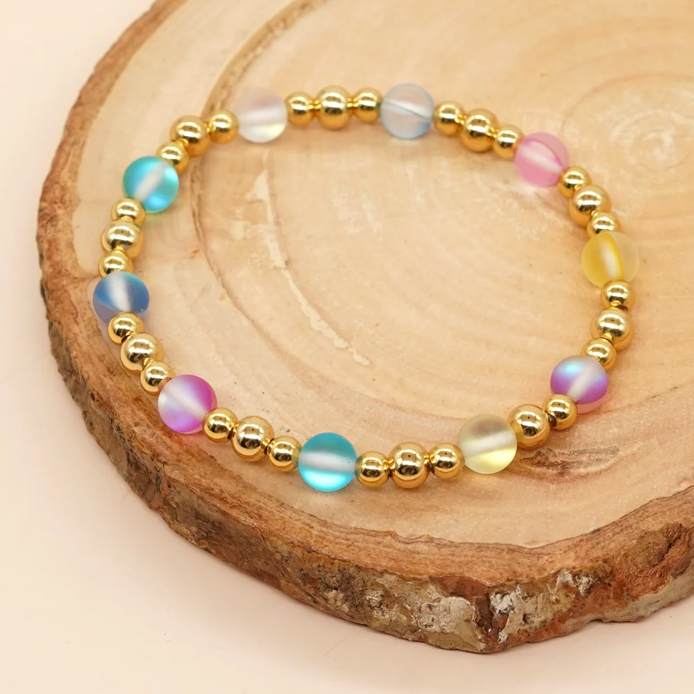 

Gold Plated Ball Beaded Stretch Bracelet Colorful Moonstone Surfer Bracelets for Women Teen Girl Summer Jewelry Handmade Gift