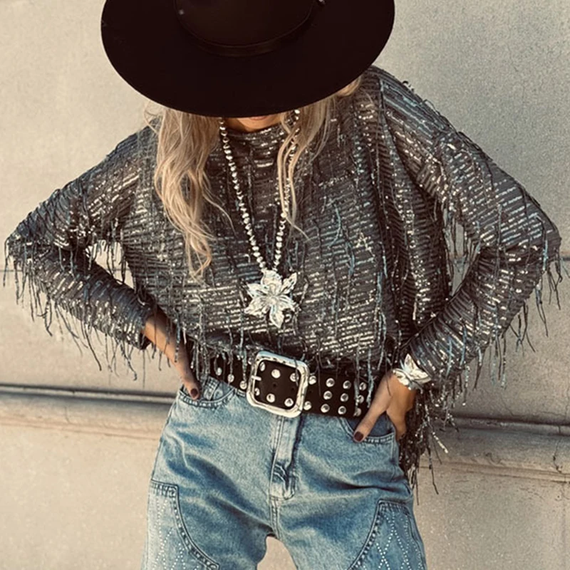 Фото Весенняя элегантная рубашка с бахромой и блестками, Blusa, осенняя женская свободная блузка Casaul, топы, модный пуловер с круглым вырезом и длинными рукавами №2