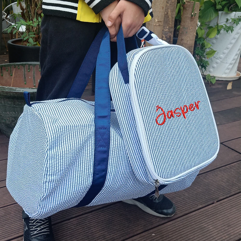 For Kids Custom Embroidered Name Monogrammed Kids Seersucker Lunch Cooler Tote Bag School Lunchbox