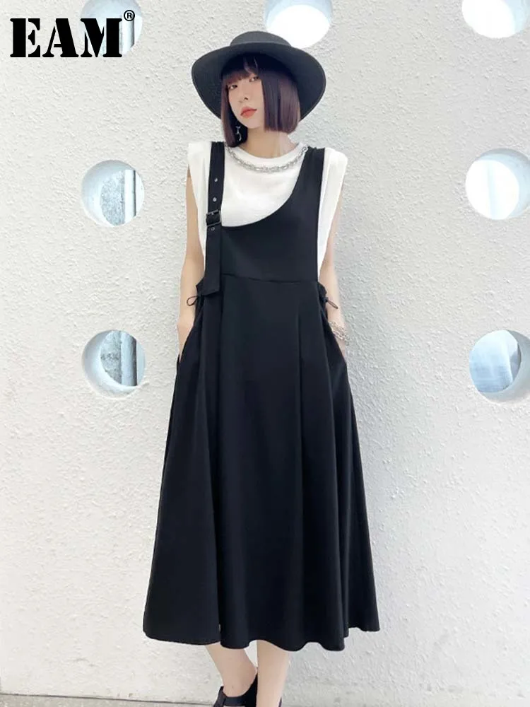 

[EAM] женское черное Плиссированное длинное Повседневное платье на бретелях с завязками Новое свободное модное платье без рукавов весна лето...