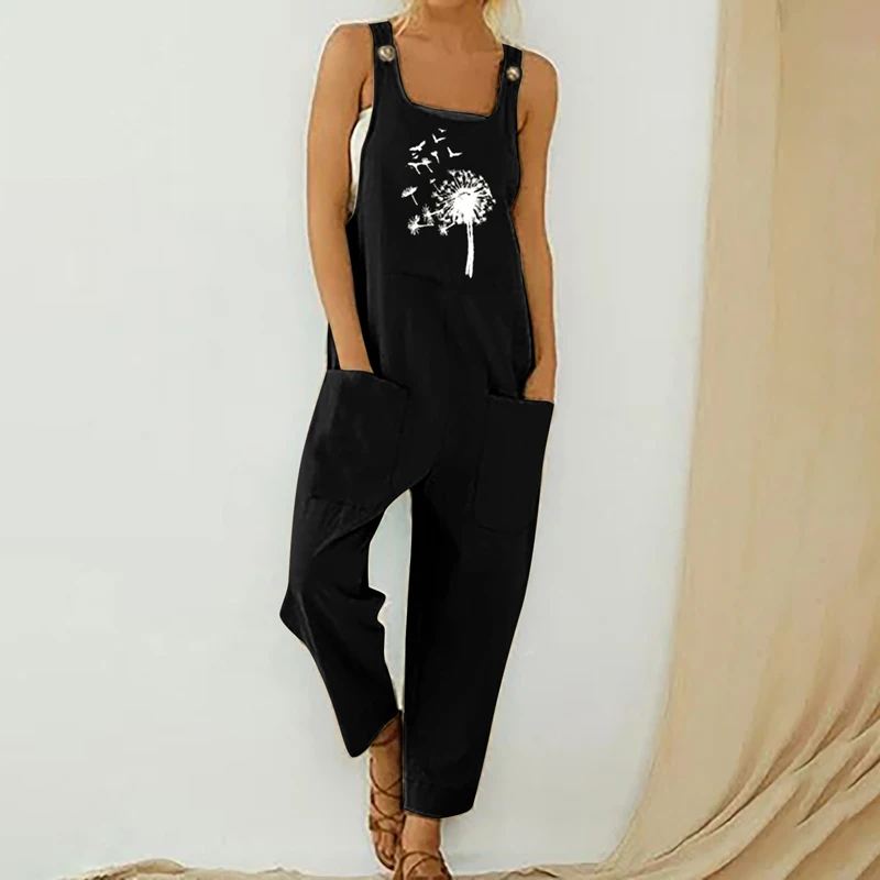 Female Bodysuit Vintage Casual Boho Romper Long Summer Jumpsuit Strap Button Pocket Floral Playsuit Daisy Print Women Jumpsuit