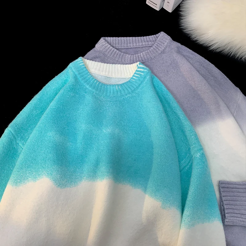 Sweater Male Pullover Contrast Color Splice Men Sweater Long Sleeves Slim Fit Youth College Style Crew-neck Tops Harajuku Purple