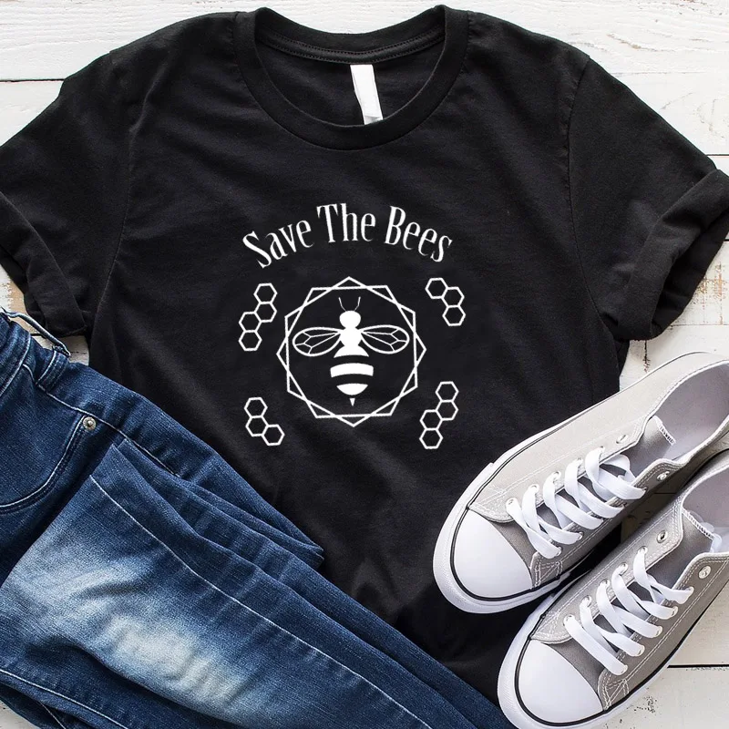 Save The Bees Women T Shirt Black Causal Graphic Tees Streetwear 90s Aesthetic Grunge Short Sleeve Cotton Tops Drop Shipping