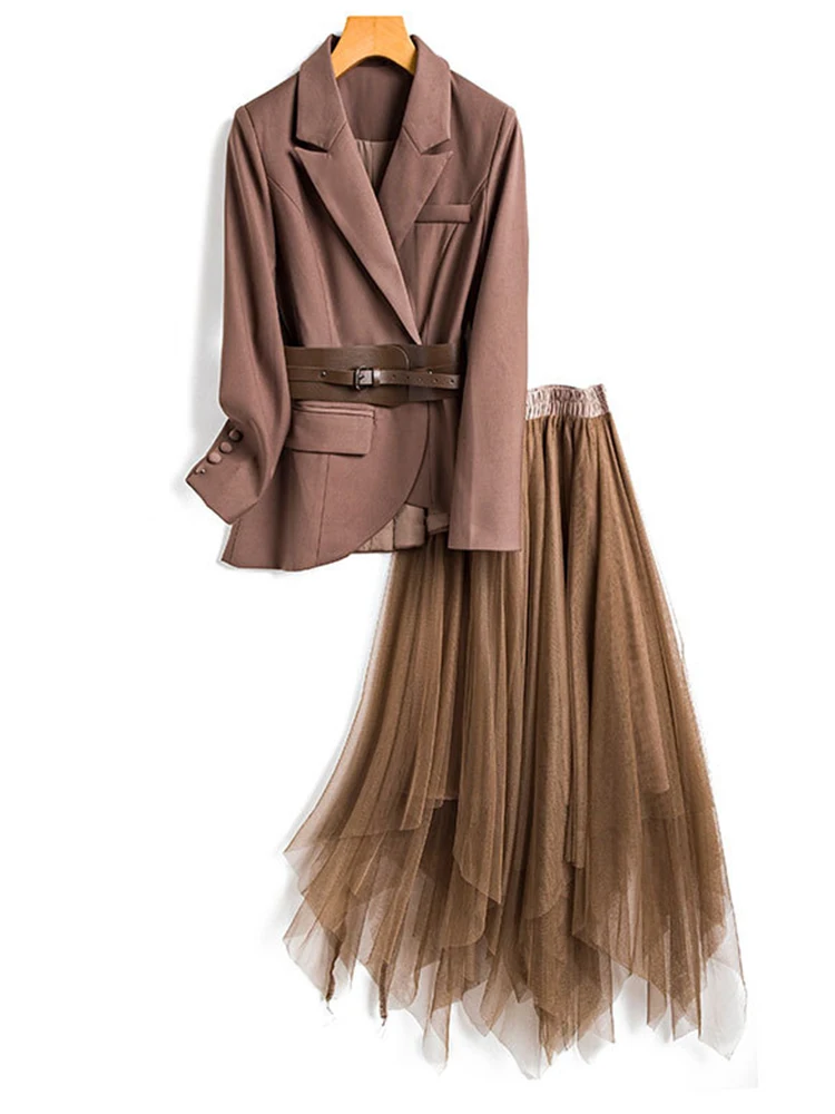 ZJYT Office Lady Blazer Suits Mesh Skirt 2 Piece Dress Sets Women Outfit Elegant Spring Fashion Conjuntos De Falda Vestidos Top