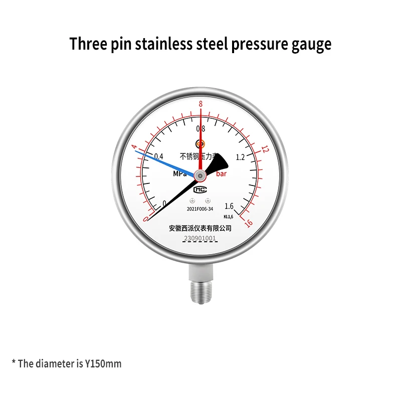 Фото Манометр YBH (N)-100 M20*1.5 трехконтактный из нержавеющей стали для измерения давления воды, жидкостей, газа, масла №2