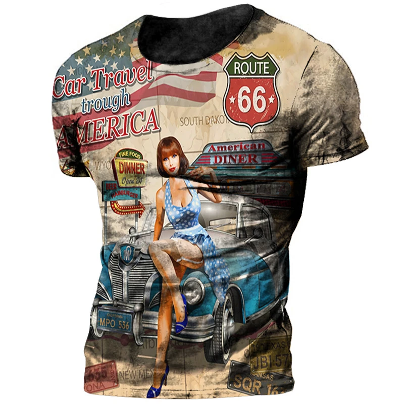 

Vintage Men's T Shirts 3d Printed Biker Motor Oversized Route 66 Racing Short Sleeve Camiseta Streetwear Fashion Causal Clothing