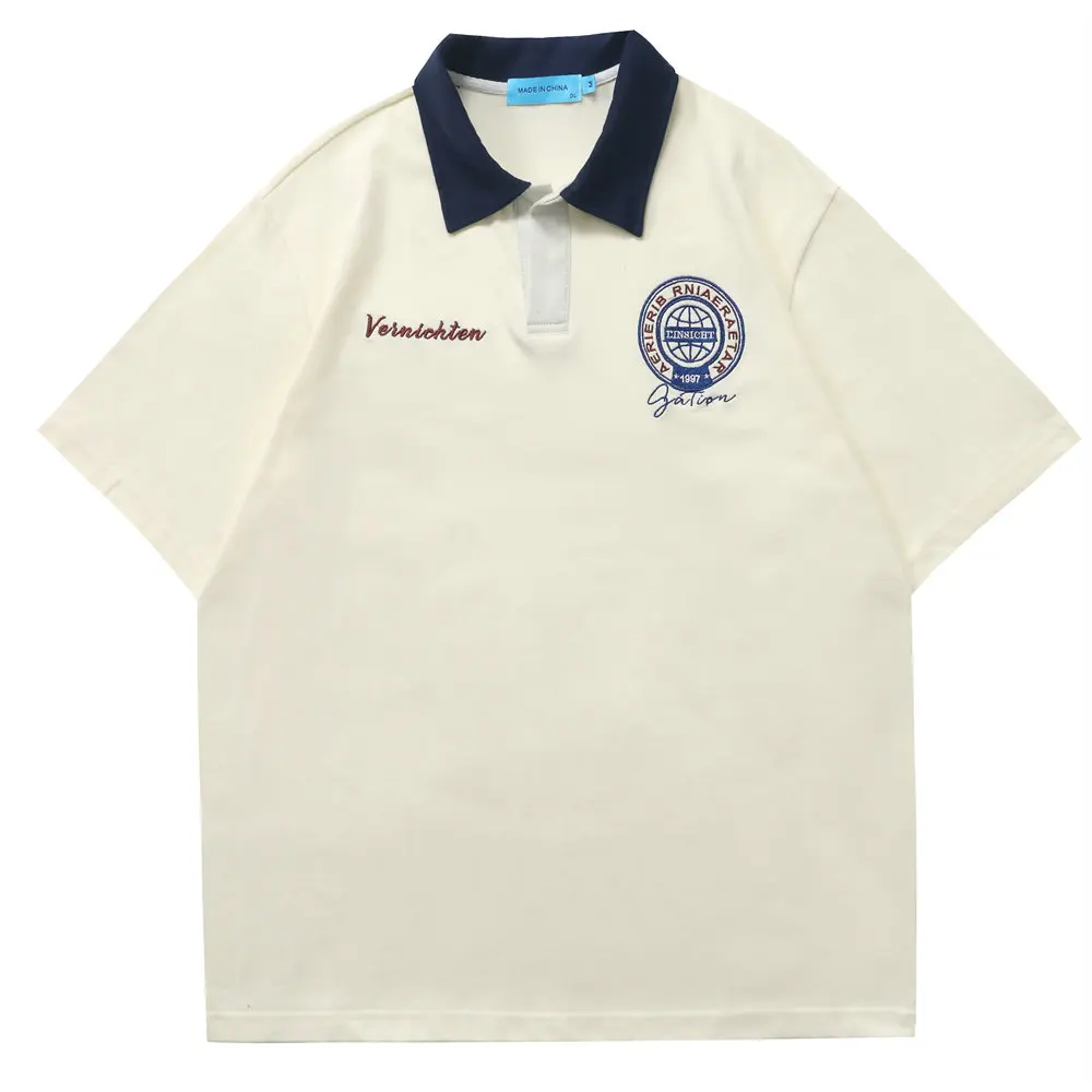 

Рубашка-поло мужская с отложным воротником, винтажная хлопковая футболка, однотонная уличная одежда, оверсайз