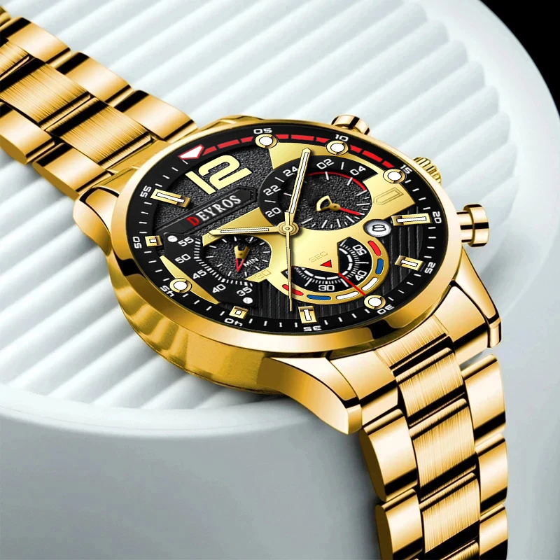 

Luxury Mens Watches Fashion Gold Stainless Steel Quartz Wrist Watch Calendar Luminous Clock Men Business Casual Leather Watch