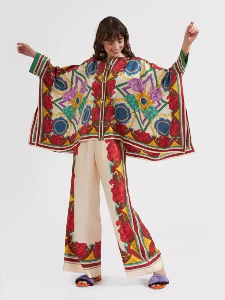 Винтажные комплекты брюк с принтом женские нерегулярные свободные рубашки