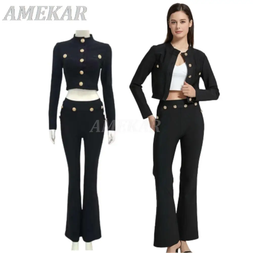 Women Sexy Black O Neck Bandage 2 Two Pieces Sets Spring Casual Long Sleeve Button Coat& Full Pants Suit Lady Club Party Set