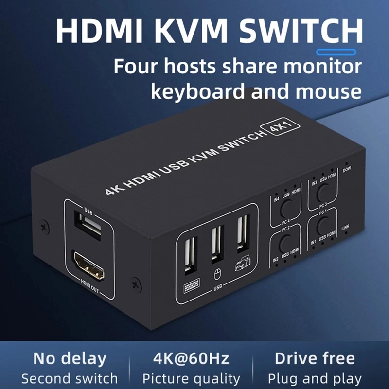 Фото KVM-переключатель 4K HDMI, 4 порта USB KVM HDMI, 4x1 4kX 2K/60HZ HDCP 2,2 с настольным контроллером для ПК, ноутбуков, windows & macs №4