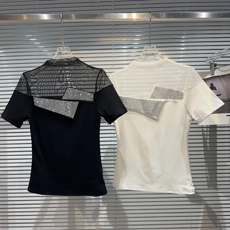 

Net Red 2023 New Summer Women Slimming Tshirts Sexy Lady Hot Driling Perspective Mesh Patchwork Short Sleeve Black Basic Top