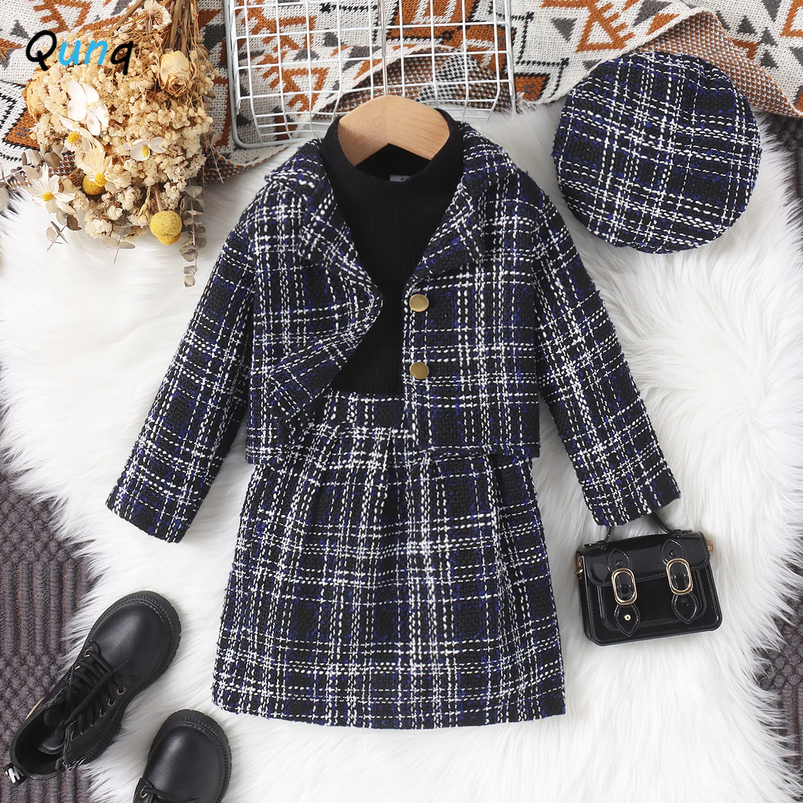 

Qunq 2023 Autumn New Girls High-neck Long-sleeved Top And Tweed Suit Jacket + Skirt 3 Pieces Set Casual Kids Clothing Age 3T-8T
