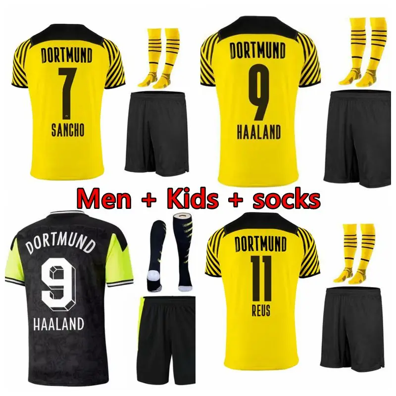 

2021/22 BVB Home Away Kit Men Soccer Jersey Camiseta de Fútbol HAALAND Adult Kids Kit custom made Football Shirt Uniforms+socks