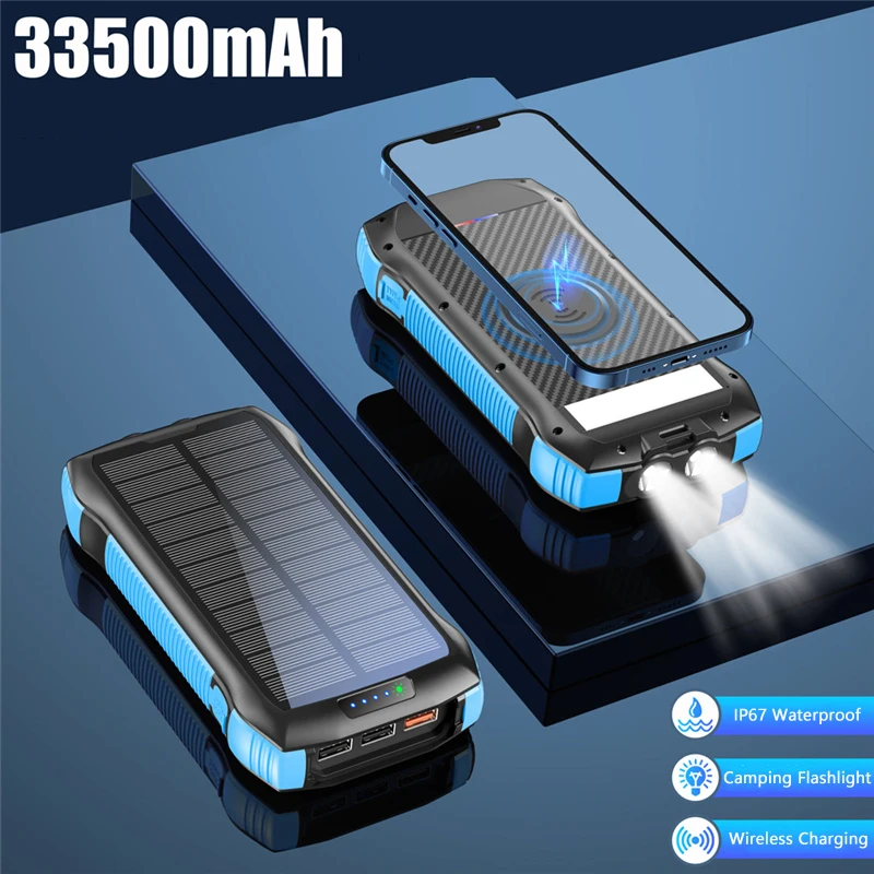 

33500mAh Wireless Solar Power Bank Portable Charger 20W PD Fast Charging Powerbank for IPhone 12 11 Samsung S21 Xiaomi Poverbank