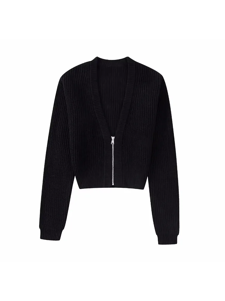 

2022 fall women's new retro V-neck fashionable and versatile zipper knitting long-sleeved short jacket