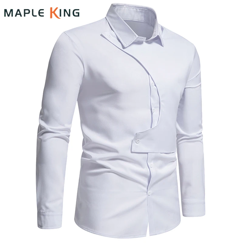 

Shirts Men Irregular Sleeve 2022 Button Veste Trending Dress Chemise Camisa Products Long Shirt Mens Oblique Social Homme White