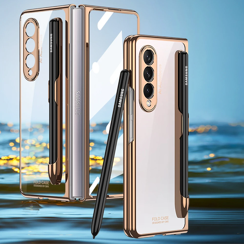 

With Pen Slot Case For Samsung Galaxy Z Fold 3 5G With Tempered Glass Film Samsung fold3 Transparent Pen Holder for fold 3 funda