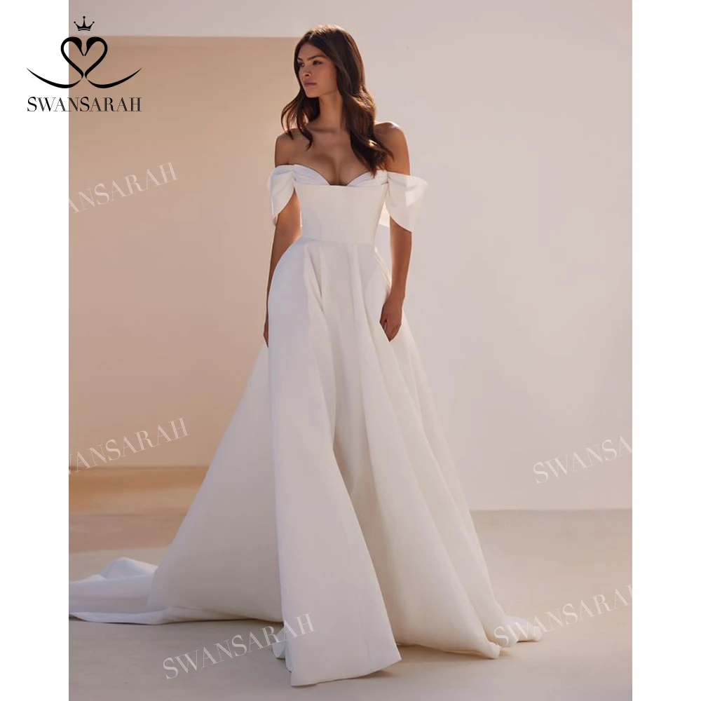 

Off the Shoulder A-Line Wedding Dress 2024 Sweetheart Satin Princess Bride Gown SwanSarah M261 Plus Size Party Vestido De Novia