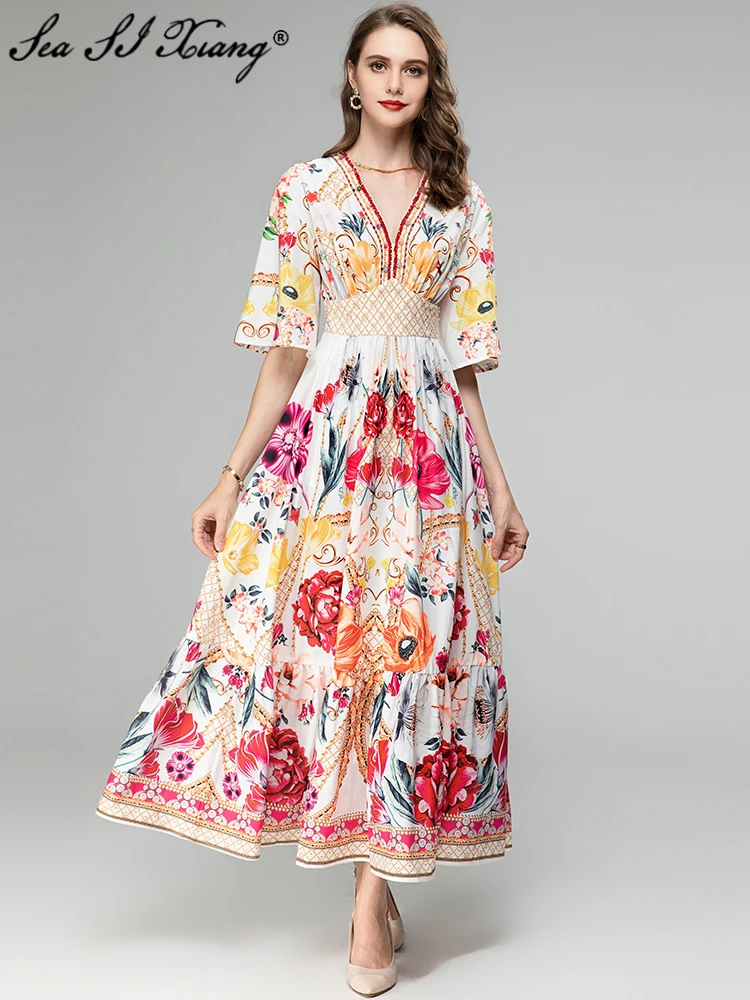 Seasixiang Fashion Designer Spring Summer Women Long Dress V-Neck Flare Sleeve Crystal Beading Flower Print Vintage Dresses