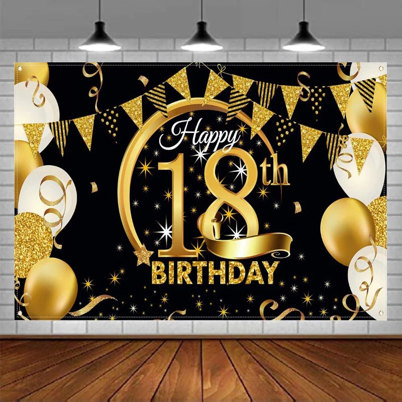 

Фон для фотосъемки с 18-летним днем рождения, декор для вечеринки, черный золотой знак, постер, фотобудка на годовщину, фон, баннеры, поставки