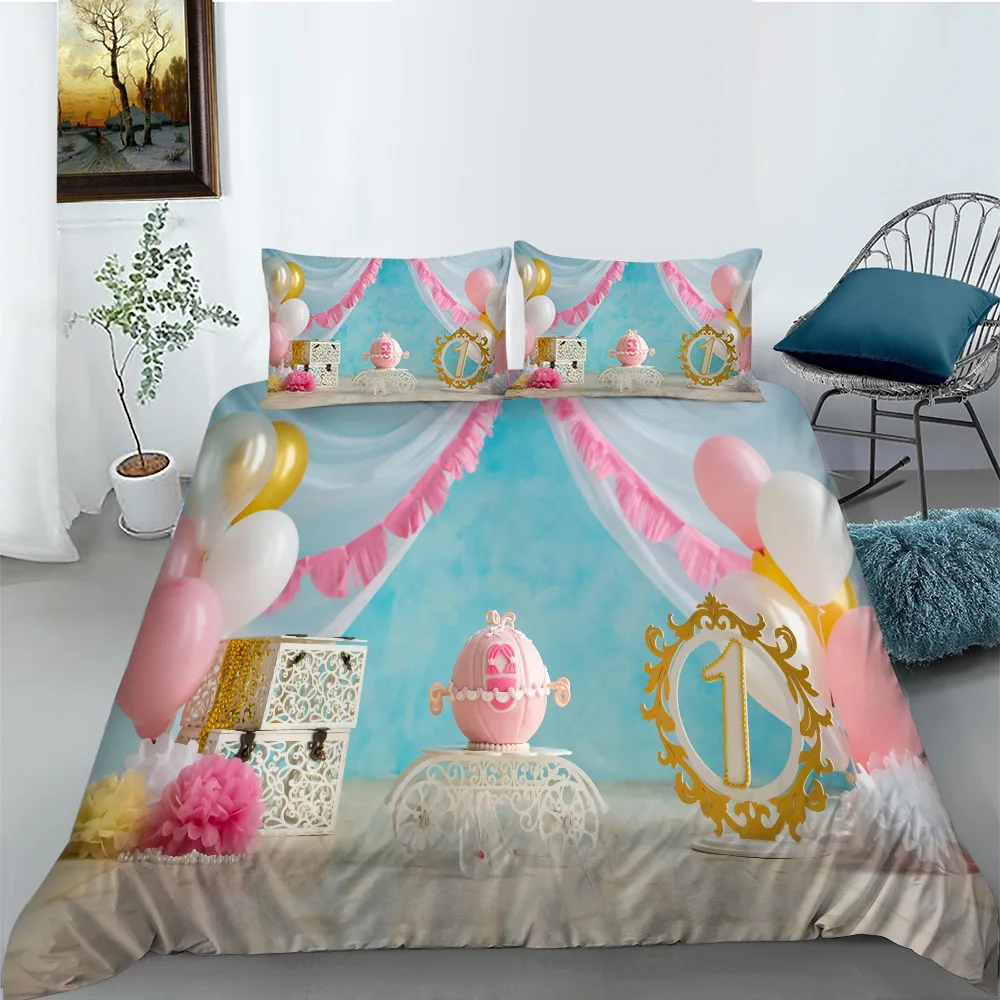

Bedding Set for Kids Girls Festive Scene Duvet Cover King/Queen Size Happy Birthday Got Engaged and Wedding Romantic Polyester