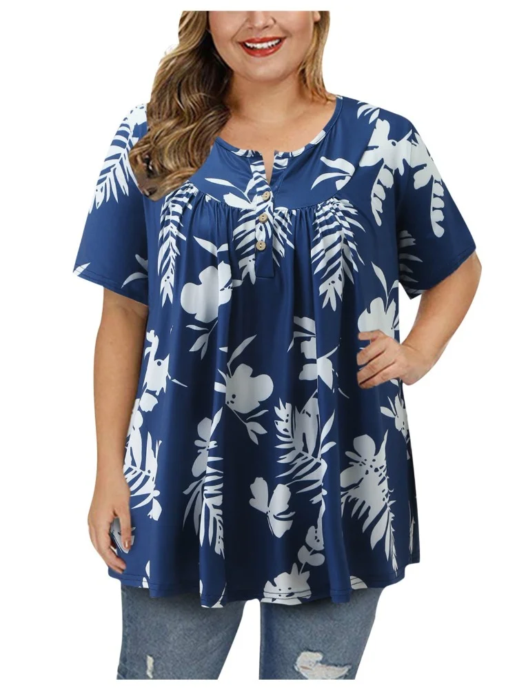 Summer New V-neck Button Large Printed T-shirt plus size women clothing  plus size summer outfits