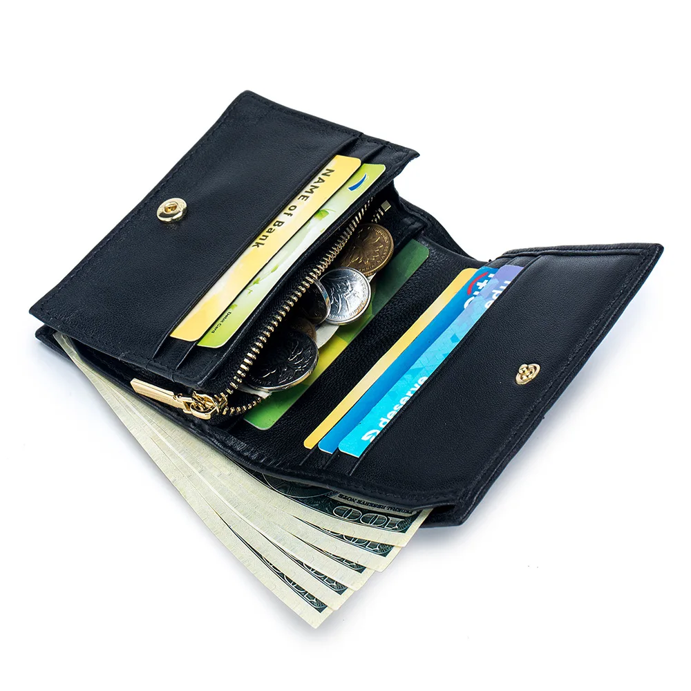 Luxury Quilted Design Women Sheepskin Genuine Leather Wallet Fashion Stripe Card Holder Zipper Female High Quality Coin Purse