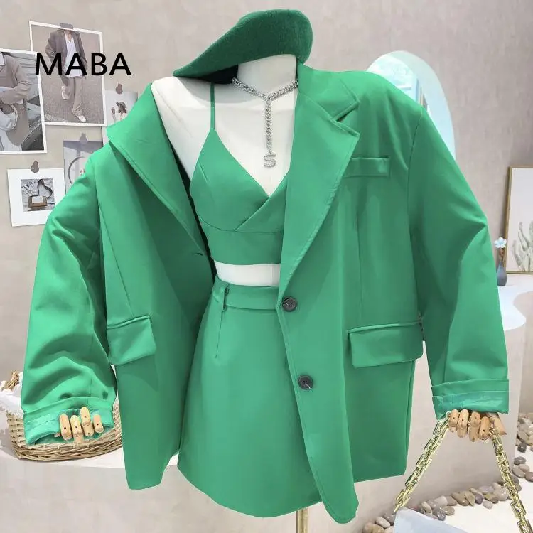 

Женский костюм-тройка в английском стиле, свободный пиджак, топ без рукавов и трапециевидная мини-юбка, модные корейские костюмы, весна-лето