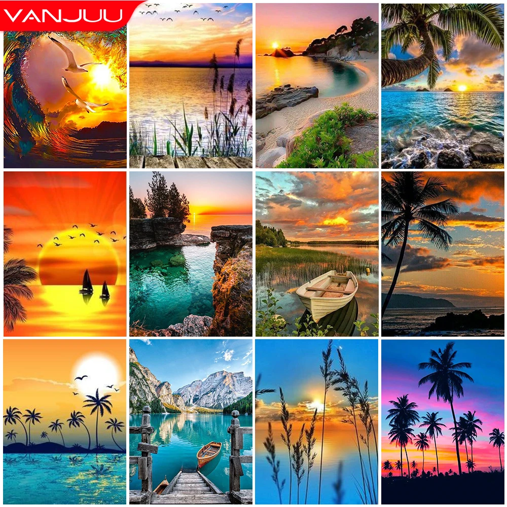 

Landscape 5D Diamond Painting Sunset Lake Diamond Mosaic Full Drill DIY Diamond Embroidery Cross Stitch Craft Kit Home Decor