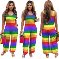 women rainbow striped jumpsuit new sexy sleeveless o neck party straight jumpsuits oversize one piece rompers overalls plus size