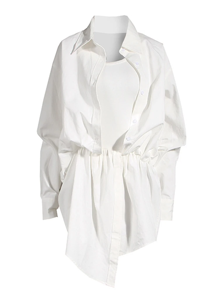 

Женское асимметричное платье DEAT, белое свободное платье с круглым вырезом, длинным рукавом, поясом на резинке и высокой талией, Новинка осен...