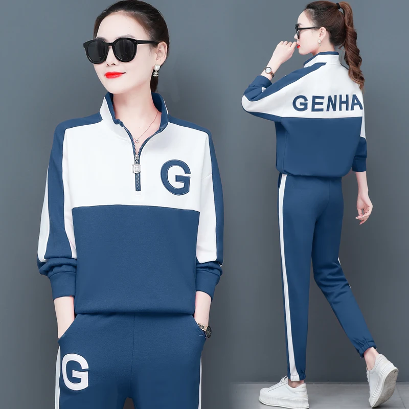 

Autumn New Two Piece Set Women Stand Collar Contrast Color Long Sleeved Loose Fashion Sweater Red Blue Black Plus Size Clothes